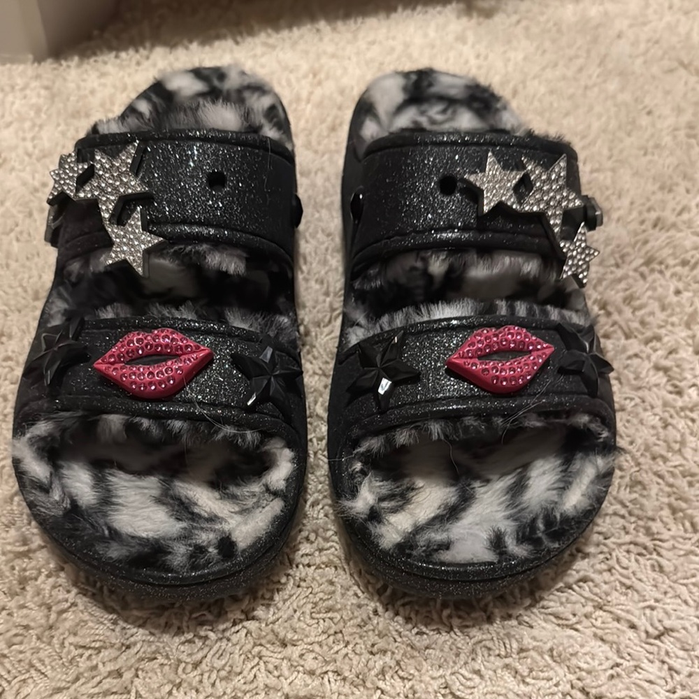 CROCS Black and Pink Cozy Slippers with Fuzzy Texture